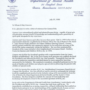 Letter of reference from Ann M. Capoccia, State Coordinator of the Annie E. Casey Mental Initiative for Urban Children, supporting Carmen Pola's graduate school application