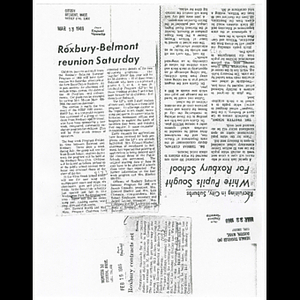 Photocopies of newspaper articles about Roxbury Belmont Summer Program of 1968 reunion, construction contracts for police station and courthouse in Washington Park, and recruitment of white students for Trotter Elementary School