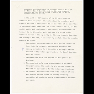 Summary notes for the advisory screening committee meeting discussing the consultant's role on April 18, 1978