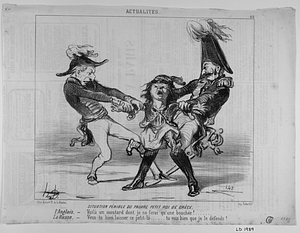 SITUATION PÉNIBLE DU PAUVRE PETIT ROI DE GRÈCE. l'Anglais. - Voilà un moutard dont je ne ferai qu'une bouchée!.... Le Russe. - Veux-tu bien laisser ce petit-là.... tu vois bien que je le défends!...