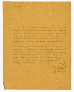 Statement detailing telegrams received by the Citizens National Committee for Sacco and Vanzetti, August 16, 1927