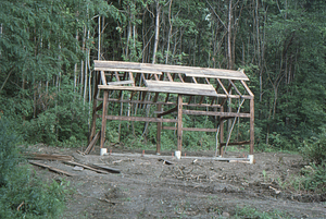 Moon Barn frame at end of Moon Barn Raising at entrance to Hopkins Forest on 2 August 1975.