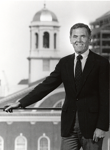 Mayor Raymond L. Flynn pictured in City Hall with Faneuil Hall in the background