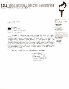 Correspondence from Diane Saunders to Lou Sullivan (August 21, 1984)