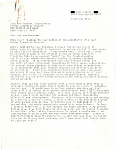 Correspondence from Lou Sullivan to Judy Maasdam (March 22, 1980)