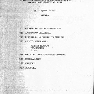 Agenda from Festival Puertorriqueño de Massachusetts, Inc. meeting on August 16, 1993