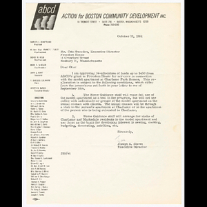 Letter from Joseph Slavet to Otto Snowden about reallocation of Action for Boston Community Development (ABCD) grant funds