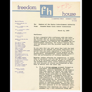 Letter from Freedom House to Boston Redevelopment Authority (BRA) about issues in Roxbury Renewal Project