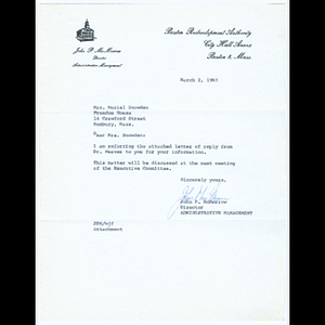 Letter from John P. McMorrow to Mrs. Muriel Snowden about letter from Robert C. Weaver and copy of letter from Robert C. Weaver to Reverend W. Seavey Joyce about section 203(k) of the National Housing Act