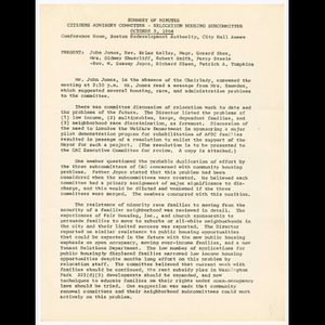 Minutes for Citizens Advisory Committee, Relocation Housing Subcommittee meeting on October 5, 1964