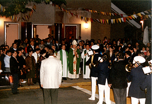 Crowd outside of Saint Anthony's Church