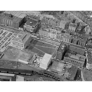 Aerial view of Richards Hall and the quadrangle of Northeastern's campus