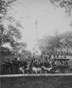 Goat train, Boston Common, with Soldiers and Sailors Monument