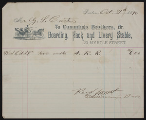Billhead for Cummings Brothers, Dr., boarding, hack and livery stable, 23 Myrtle Street, Boston, Mass., dated October 31, 1890
