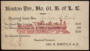 Receipt for the Boston Div., no. 61, Brotherhood of Locomotive Engineers, Boston, Mass., 1902-1903