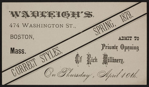 Trade card for Wadleigh's, millinery, 474 Washington Street, Boston, Mass., 1879