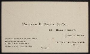 Trade card for Edward P. Brock & Co., Ford's Steam Specialties, 104 High Street, Boston, Mass., undated