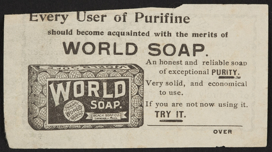 Advertisement for Purifine World Soap, Beach Soap Co., Lawrence, Mass., undated