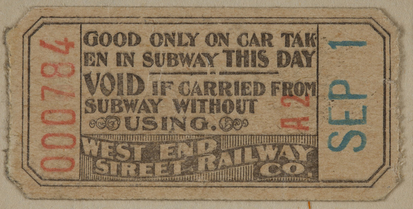 Ticket for West End Street Railway Co., Boston, Mass.