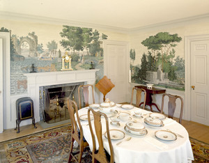 Dining room mantel wall and dining table, Barrett House, New Ipswich, N.H.