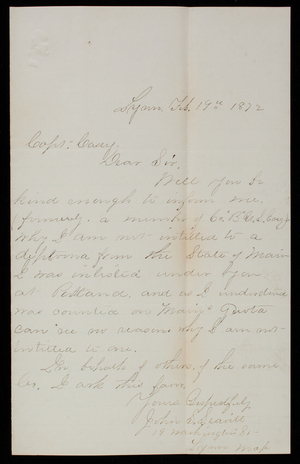 John Seavitt to Thomas Lincoln Casey, February 19, 1872