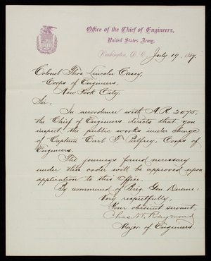 [Charles] W. Raymond to Thomas Lincoln Casey, July 19, 1887