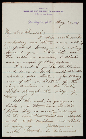 [Bernard R.] Green to Thomas Lincoln Casey, August 20, 1891