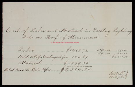 Cost of lightning rods to Thomas Lincoln Casey, October 29, 1885