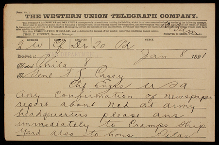 Admiral Silas Casey to Thomas Lincoln Casey, January 8, 1891, telegram