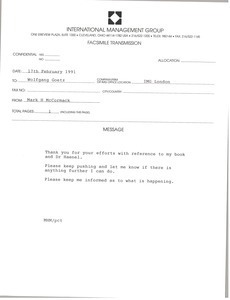 Fax from Mark H. McCormack to Wolfgang Goetz