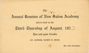 Invitation for Marshall Brown for the fifty-fourth annual New Salem Academy reunion