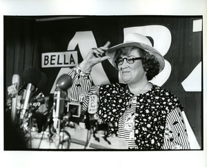 Bella Abzug tossing her hat into the ring