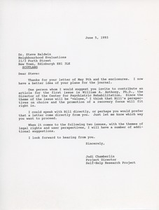 Letter from Judi Chamberlin to Steve Baldwin