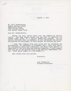 Letter from Judi Chamberlin to Eric Vanderwerken