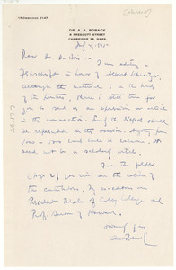 Letter from A. A. Roback to W. E. B. Du Bois