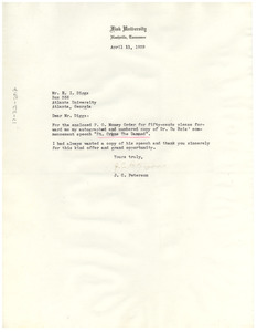Letter from J. C. Peterson to Ellen Irene Diggs