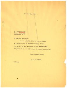 Letter from W. E. B. Du Bois to Leo Hansberry