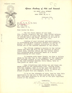 Letter from African Academy of Arts and Research to W. E. B. Du Bois