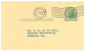 Postcard from Walter White to W. E. B. Du Bois