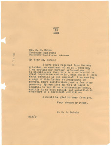 Letter from W. E. B. Du Bois to Tuskegee Institute