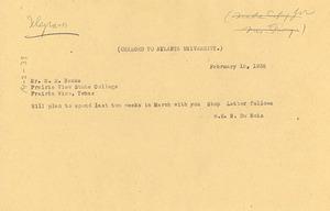 Telegram from W. E. B. Du Bois to Prairie View State Normal and Industrial College