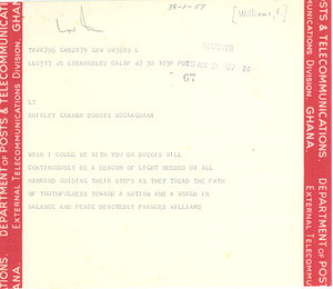 Telegram from Frances Williams to Shirley Graham Du Bois