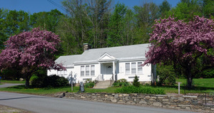Rowe Town Library: exterior of library in spring