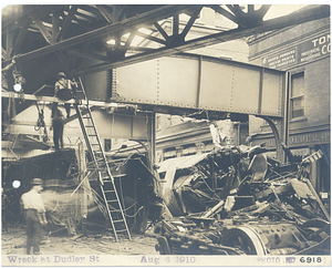 Wreck at Dudley Street, view below tracks of train wreckage