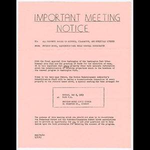 Memorandum from Freedom House, Washington Park Coordinator to all property owners on Ruthven, Pleasanton, and Homestead Streets about meeting on May 6, 1963