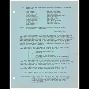 Memorandum from Muriel Snowden, Associate Director and Salena Draper, Coordinator to members of the Washington Park Police-Community Relations Committee about meeting on March 29, 1966