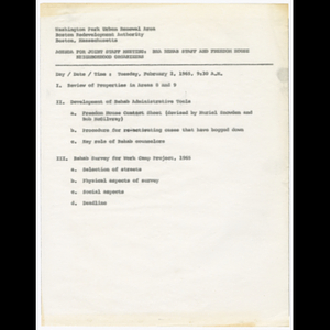 Agenda for and memorandum about Boston Redevelopment Authority (BRA) and Freedom House joint staff meeting on February 2, 1965