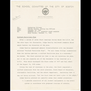 Memorandum from Melody Greene to Catherine Ellison about U.S. district court hearing held January 11, 1980