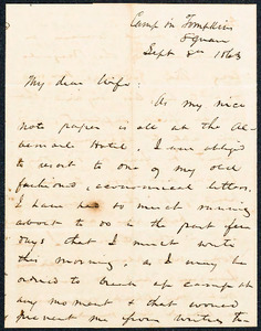 Letter from Luther Bruen, Camp in Tompkins Square, NY to Augusta Bruen, 1863 September 8