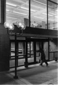 Sawyer Library west entrance at night